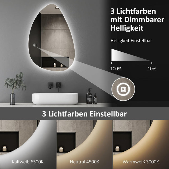 Boromal Unregelmässiger Form Asymmetrischer Spiegel mit Beleuchtung, LED Badspiegel mit Beleuchtung