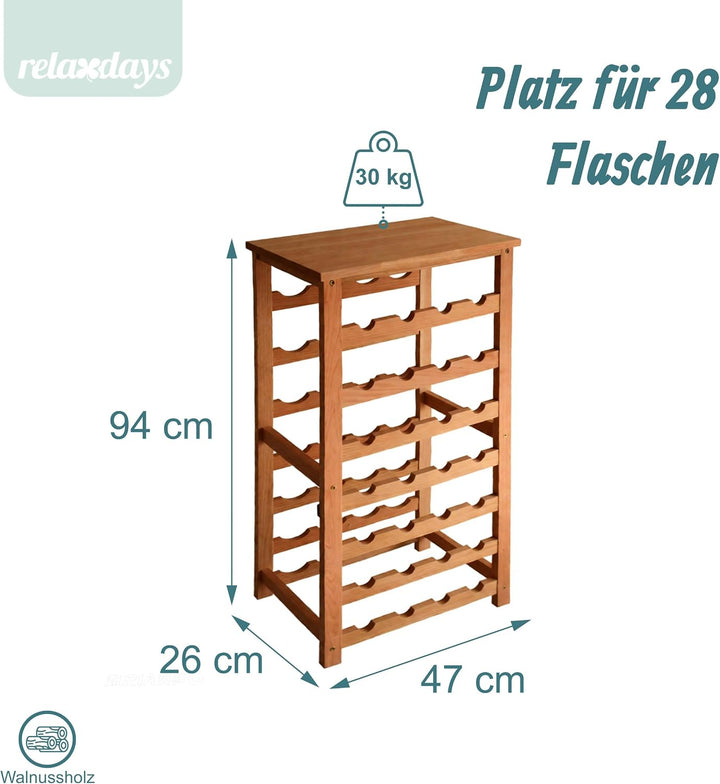 Relaxdays Weinregal, 28 Flaschen, Walnussholz, HBT 94 x 47 x 26 cm, Weinhalter für Rot- &amp; Weisswein,