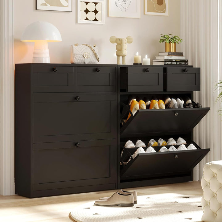 VOWNER Schuhschrank mit 2 Klappen, Schuhregal Schuhkipper Schmal, Schuhschrank Schwarz, Schuhablage