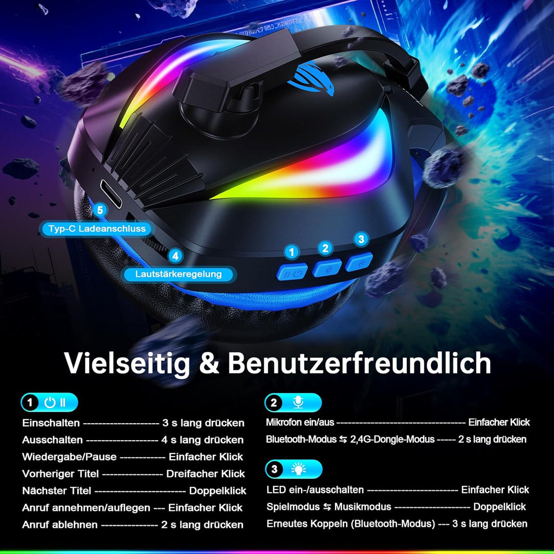 Fachixy FC100 Headset mit Mikrofon, 2,4G Wireless Gaming Headset für PS5, PS4, PC, Switch, Mac, Surr