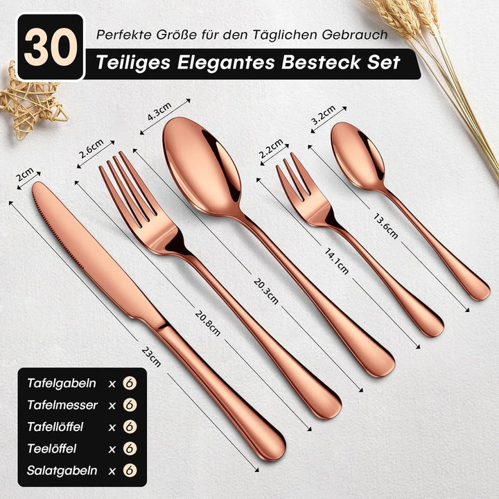 HONKKU Besteck Set 6 Personen, 30 Teilig Roségold Besteckset mit Messer Gabel Löffel, Essbesteck Set