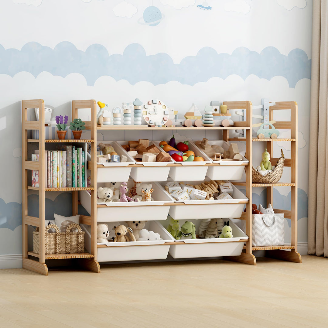 Spielzeug-Organizer mit 7 Regalen und 8 Behältern, Kinderschrank Holz Bücherregal für Kinder Aufbewa
