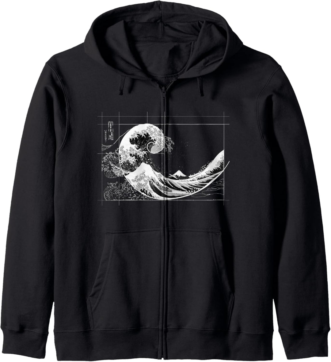 Hokusai trifft Fibonacci, schwarz-weiss, weisse Linie Kapuzenjacke