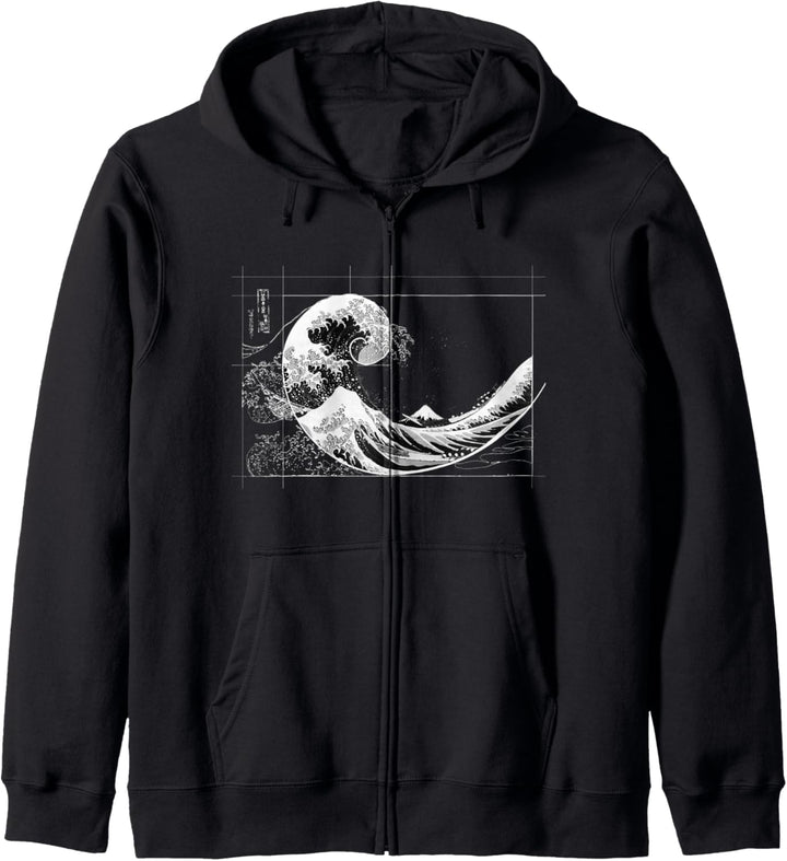 Hokusai trifft Fibonacci, schwarz-weiss, weisse Linie Kapuzenjacke