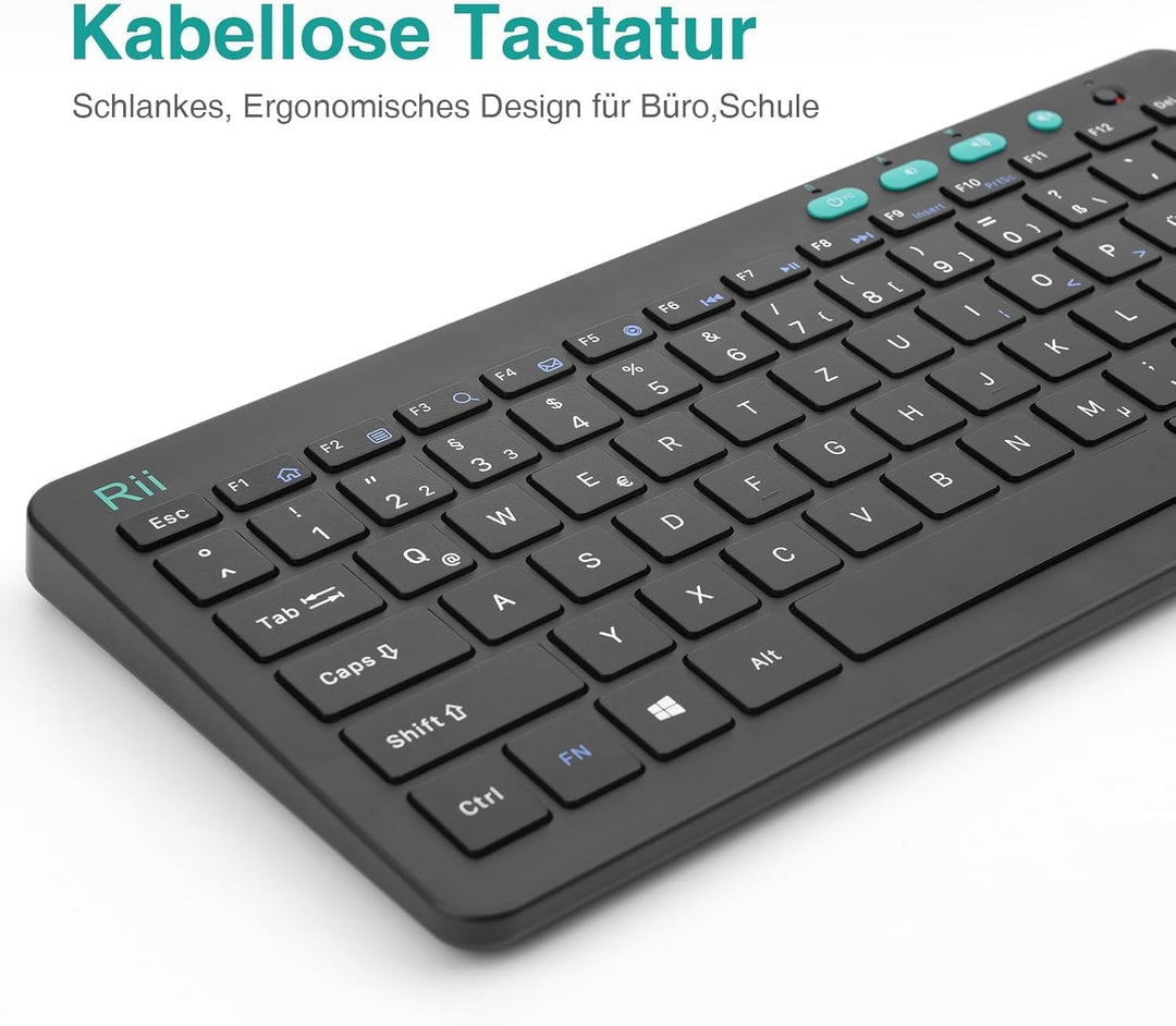 Rii Tastatur Kabellos, 2.4G FunkTastatur für Laptop, PC und Smart TV, Deutsches QWERTZ Layout, Schwa