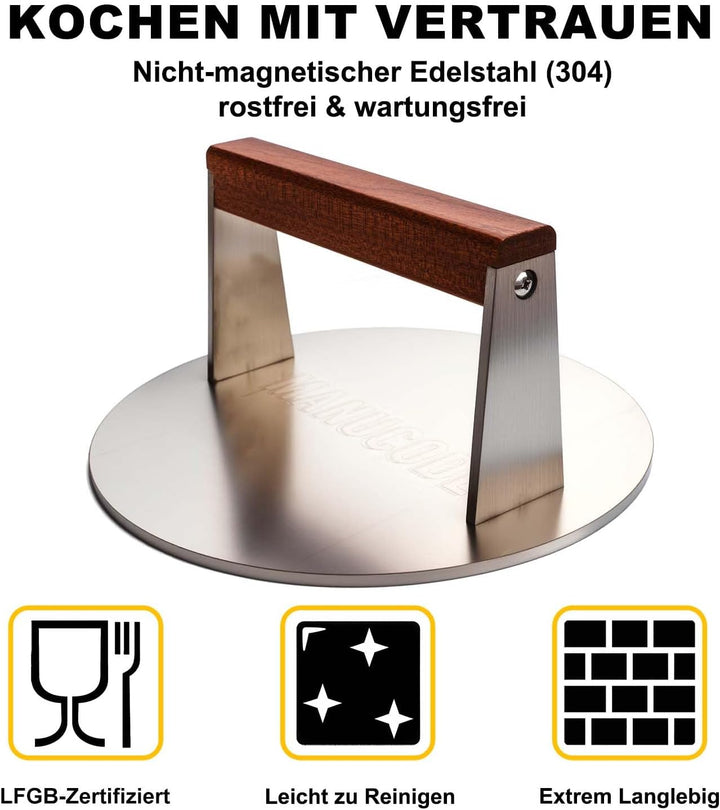 Manucode Pro-Grade 20,5cm Edelstahl Grillpresse – 1,42kg Hochleistungs-Burgerpresse mit Nicht verdre