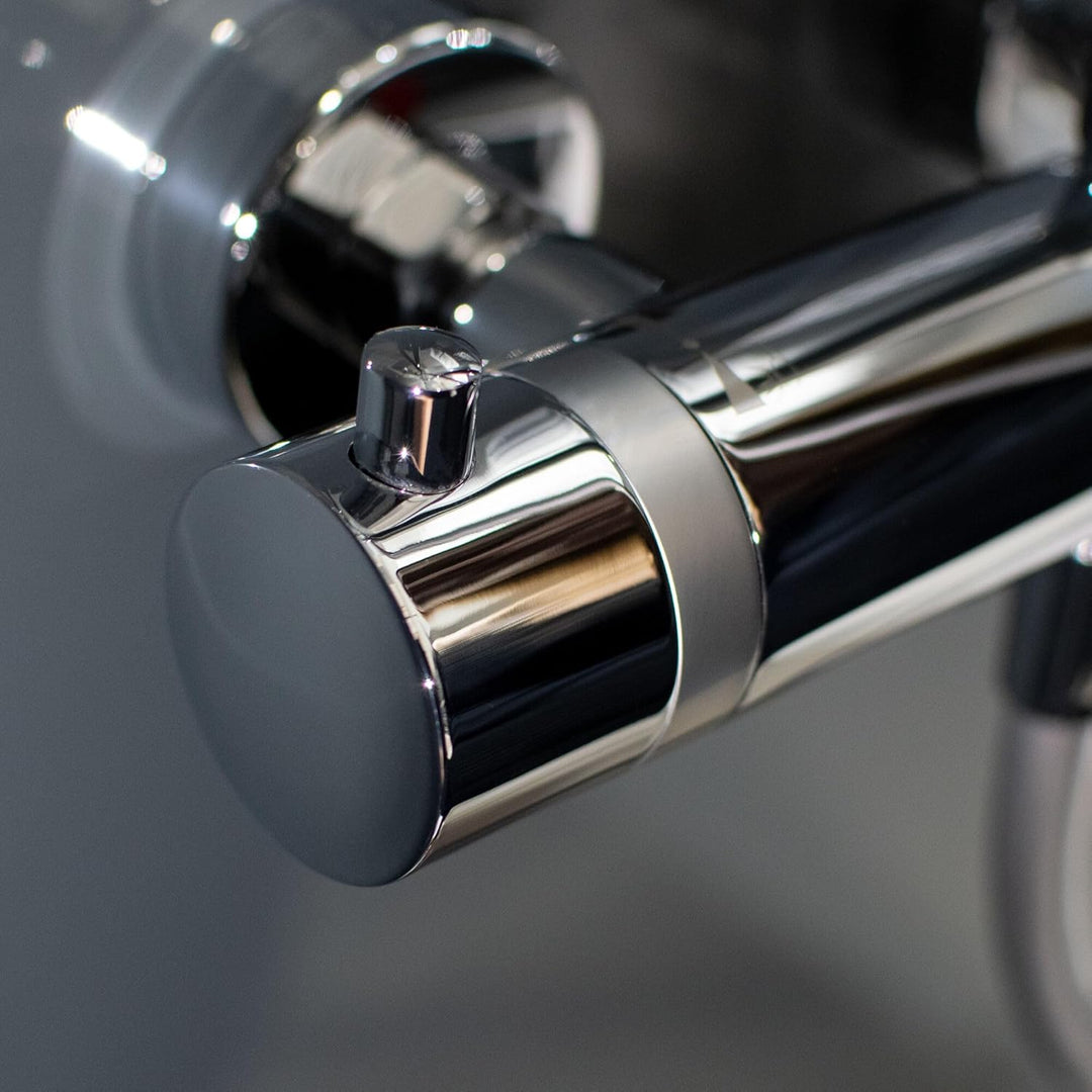 Schulte Duschsystem mit Sicherheits-Thermostat, Kopfbrause rund, Chrom, Korpus aus Messing, Duschmas