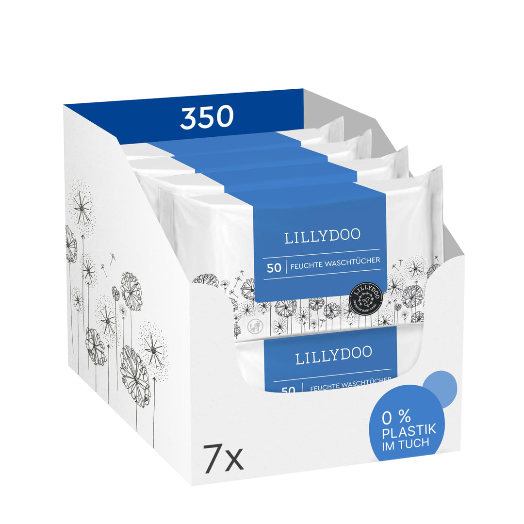 LILLYDOO Feuchte Waschtücher 350 Stück (7 X 50), 100% plastikfrei, extra grosses Tuch, ohne Parfüme