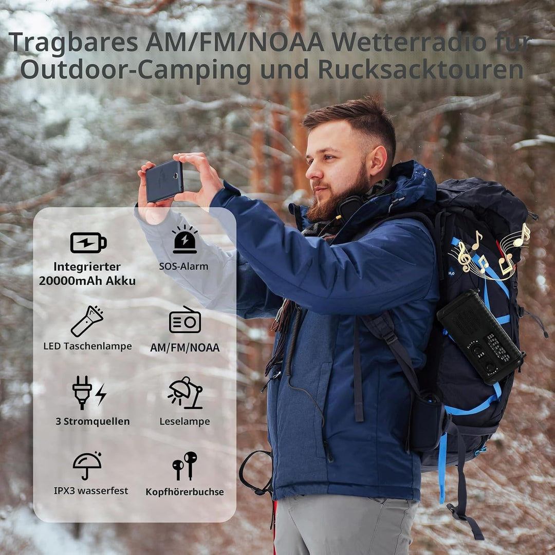 Notfallradio, Crank Wetterradio, 20000mAh Solarradio, Hand Kurbelradio mit AM/FM/NOAA, tragbares Rad