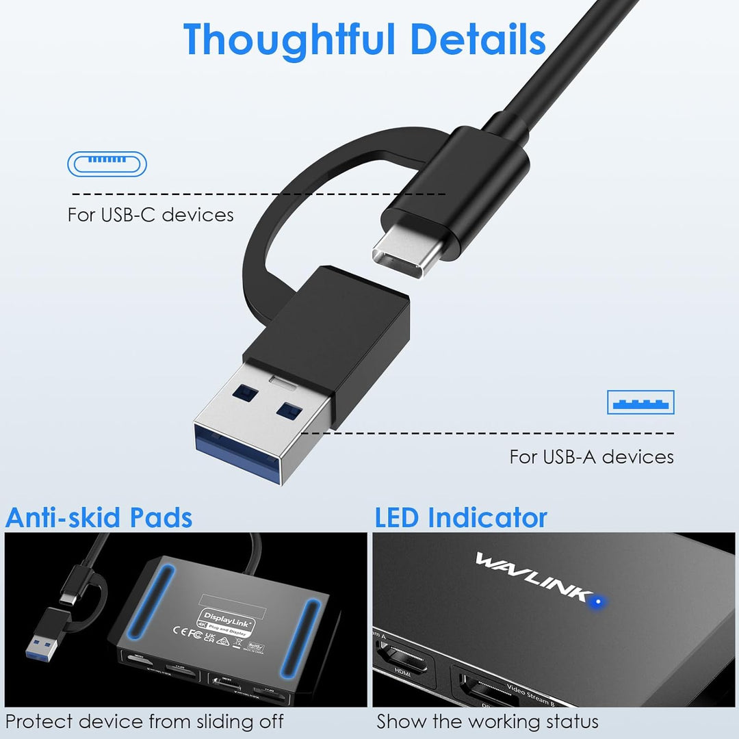 WAVLINK DisplayLink USB 3.0 or USB C to DisplayPort HDMI Adapter, Dual 5K/4K@60Hz 4IN1 Monitor Hub f
