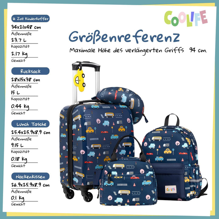 COOLIFE 5tlg Kinderkoffer mit Rucksack, Kindertrolley aus Kunststoff, Kindergepäck, Kinder Kofferset