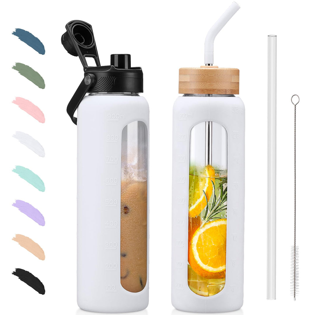BLUEGO 900ml Glaswasserflasche mit Strohhalm und 2 Deckeln Kaffeetasse aus Glas mit Zeitmarkierung u
