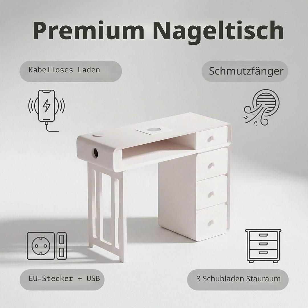 Professioneller Nageltisch mit 80W Absaugung – Maniküre Tisch mit LED-Beleuchtung, Kabellosem Laden,