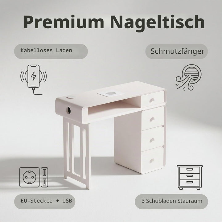 Professioneller Nageltisch mit 80W Absaugung – Maniküre Tisch mit LED-Beleuchtung, Kabellosem Laden,
