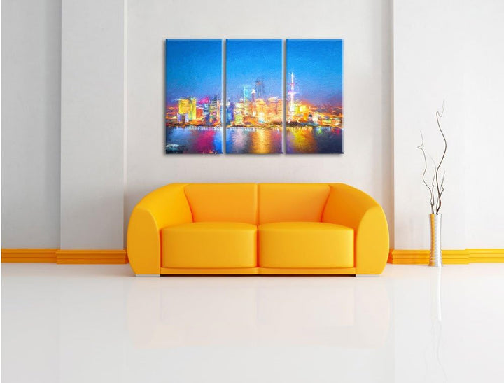 Pixxprint Skyline von Shanghai Bunstift Effekt 3-Teiler Leinwandbild 120x80 Bild auf Leinwand
