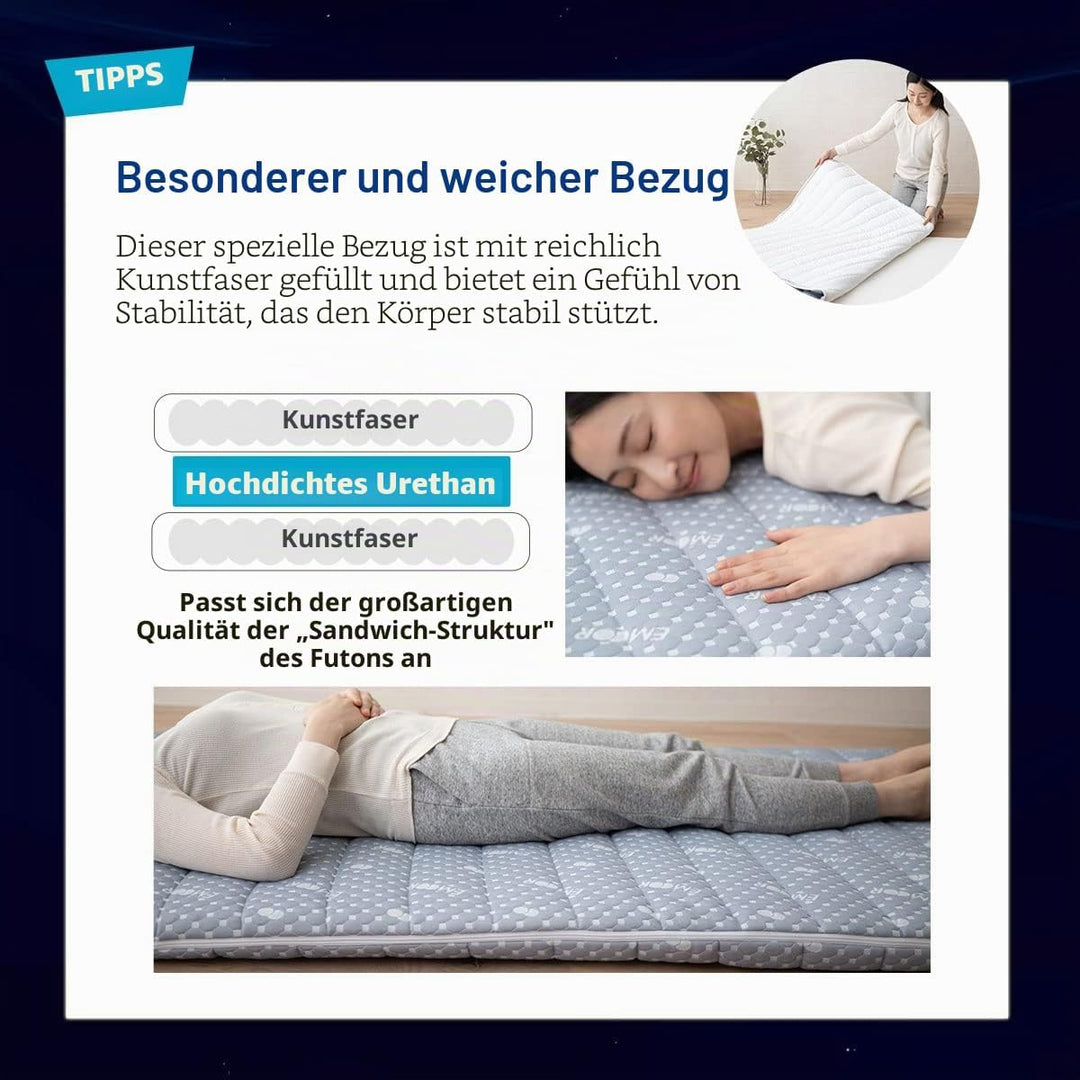 EMOOR Faltbare Hybrid-Futon-Matratze, Hoch-Resilien-Urethan, 150 N (Mittelfest), Mit Waschbarem, Gep