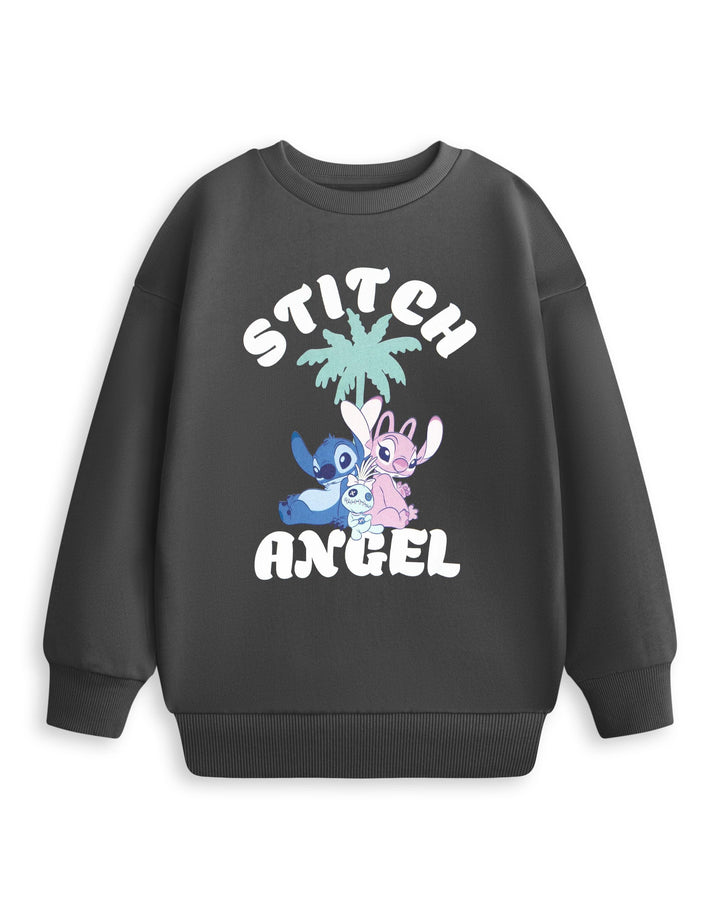 Disney Stitch & Angel Mädchen-Sweatshirt in Grau | Lilo & Stitch Langarm-Oberteil mit Rundhalsaussch