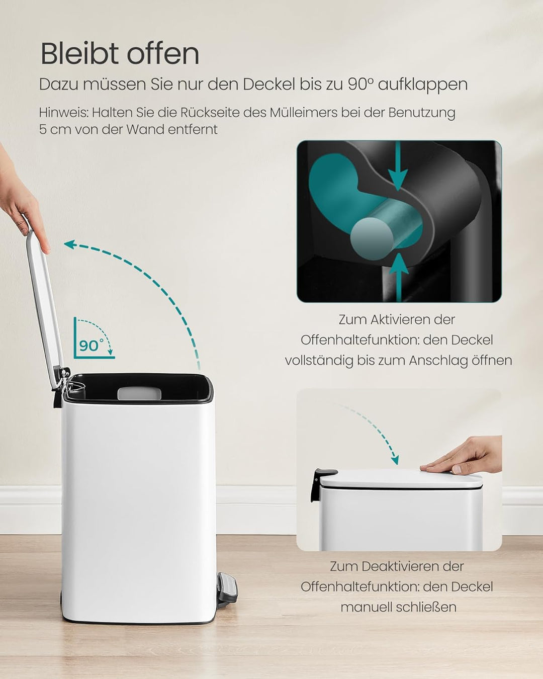 SONGMICS Mülleimer Küche, 20 Liter Abfalleimer, Tretmülleimer, Stahl, mit Inneneimer, Softclose, Off