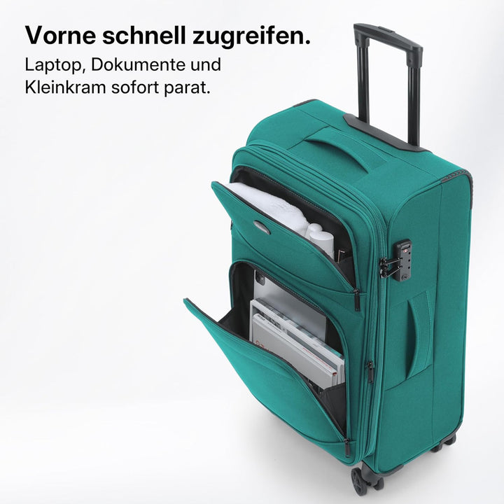 Stoffkoffer erweiterbar mit Frontfächern,15% Extra-Volumen, TSA-Schloss, 360° Doppelrollen & verdeck