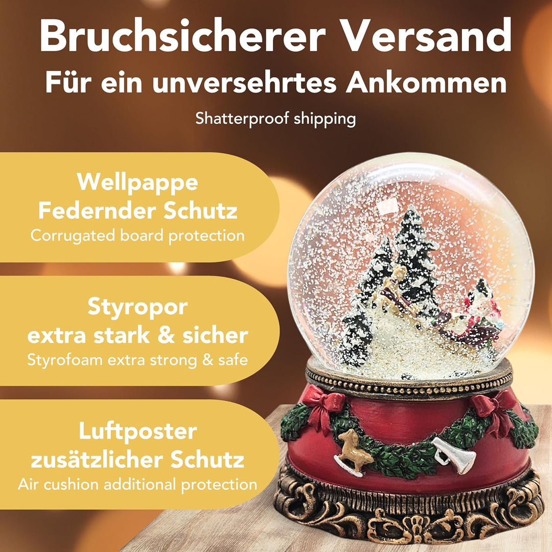 Schneekugel Weihnachten Spieluhr | Santa im Schlitten | Sockel Weihnachten rot Tannengirlande | mit
