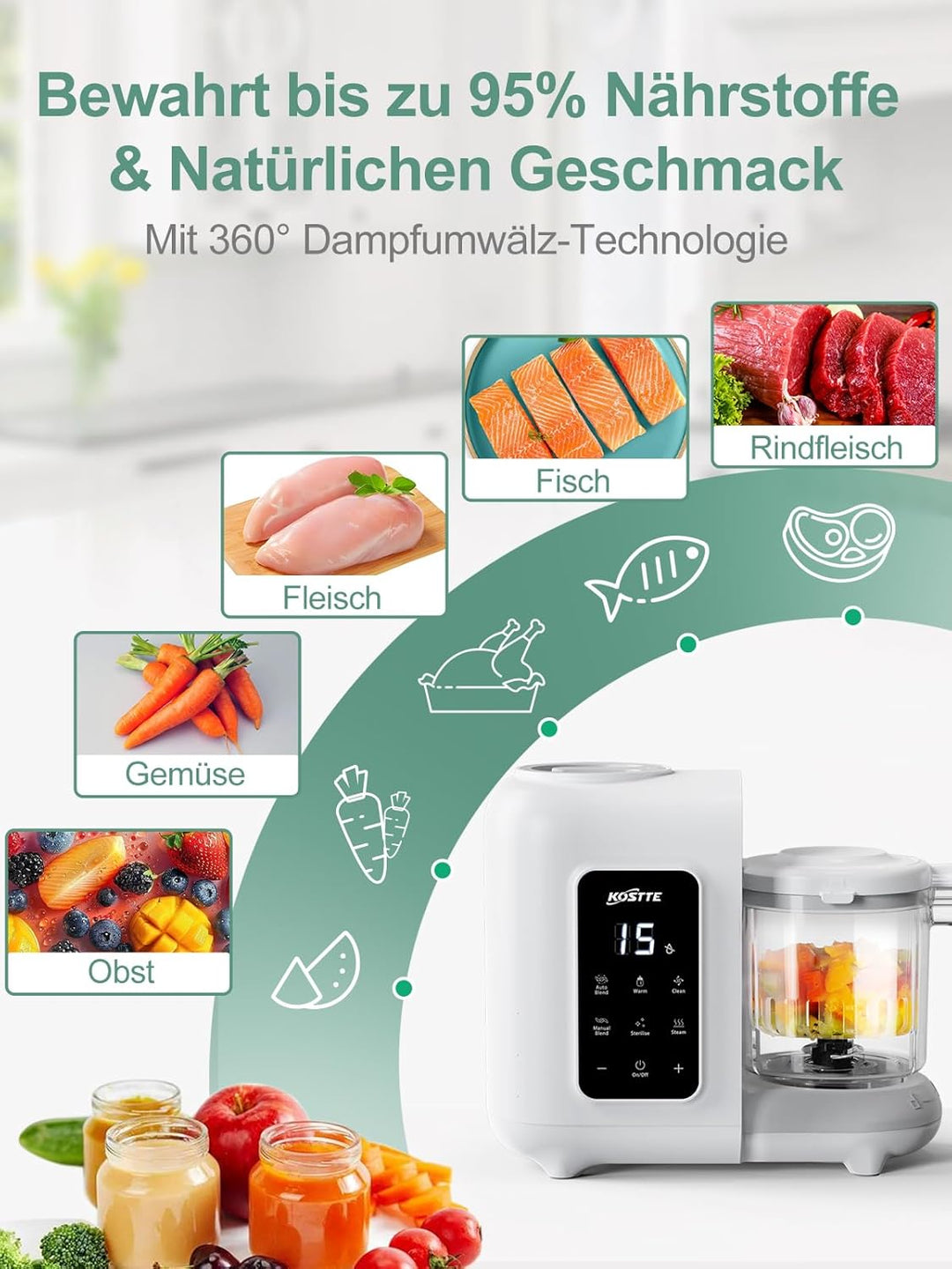 Babynahrungszubereiter 6-in-1, Dampfgarer Mixen mit Auftauen, Aufwärmen, Automatische Reinigungsfunk
