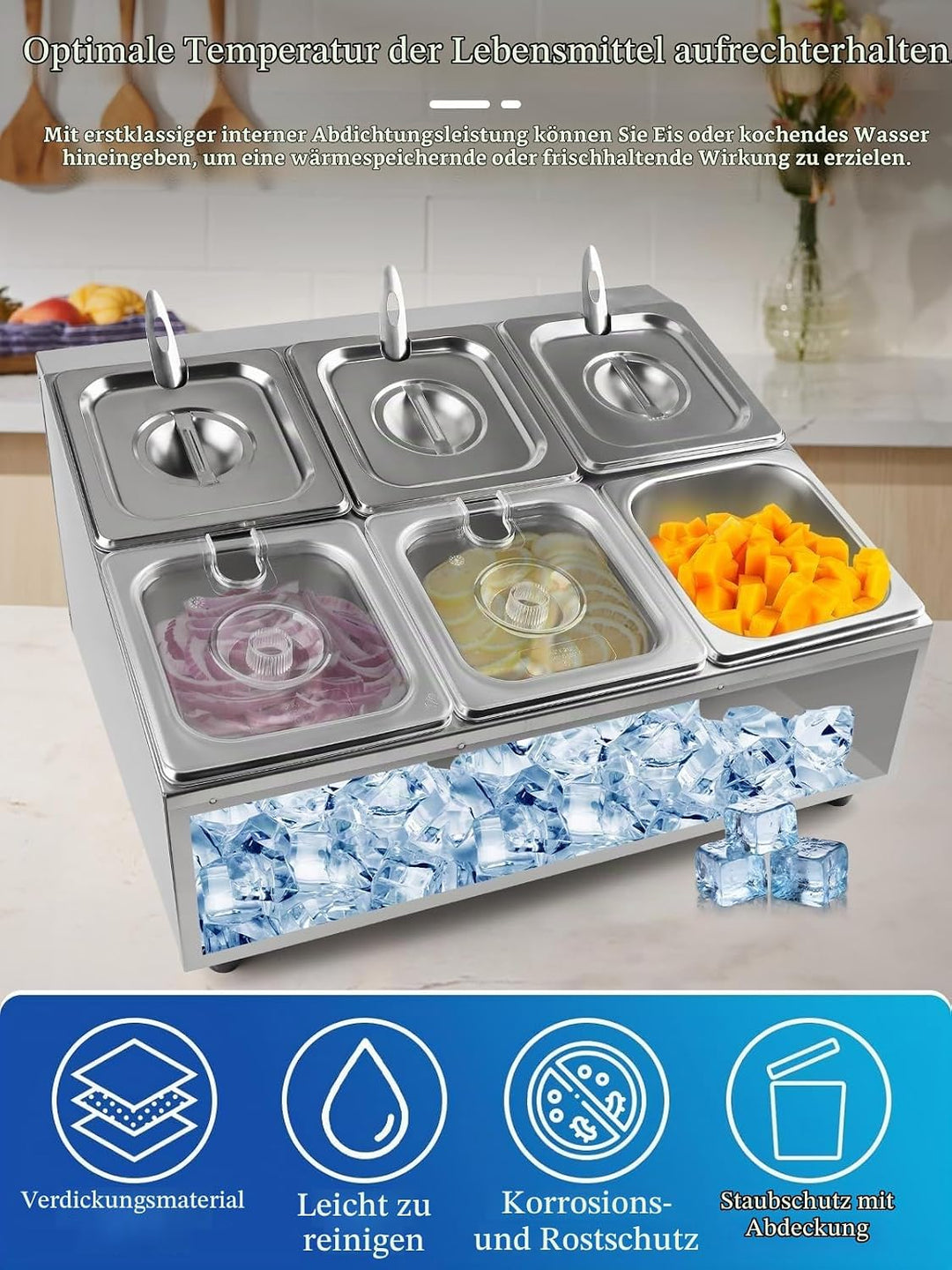TOROKOM 6 Pfannen Edelstahl Zutatenbehälter Gewürz Organizer aus Edelstahl Salatbar Buffet Station m