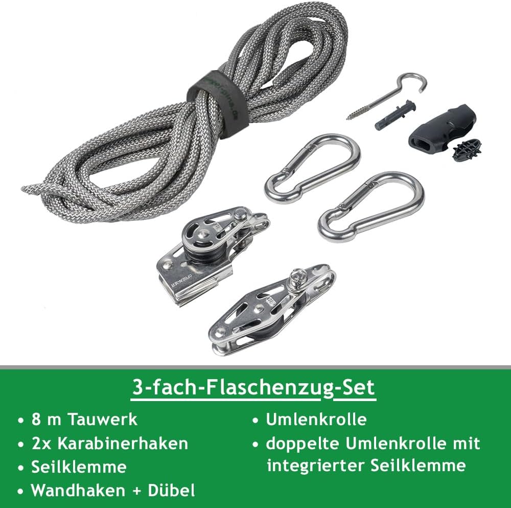 Pina DESIGN seit 1979 - Sonnensegel 3-Fach Flaschenzug Set - wandseitig, für Wandhalter/Profi Spanns