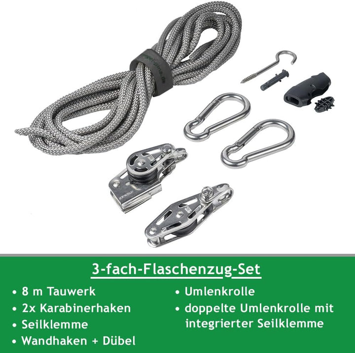 Pina DESIGN seit 1979 - Sonnensegel 3-Fach Flaschenzug Set - wandseitig, für Wandhalter/Profi Spanns