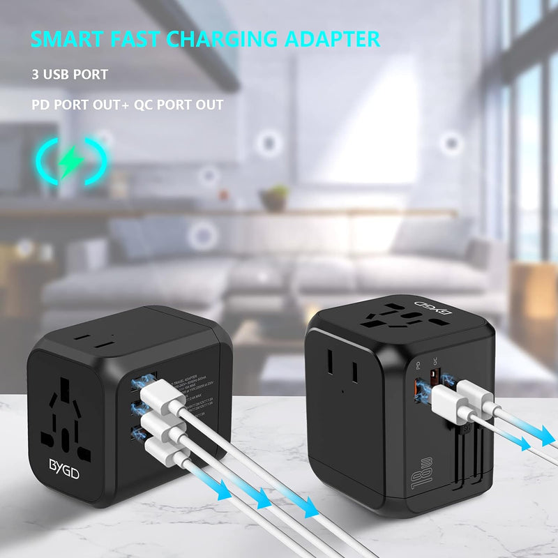 BYGD Reiseadapter Weltweit, Universal Steckdosenadapter Mit 3 USB Ports und AC, Reisestecker Adapter