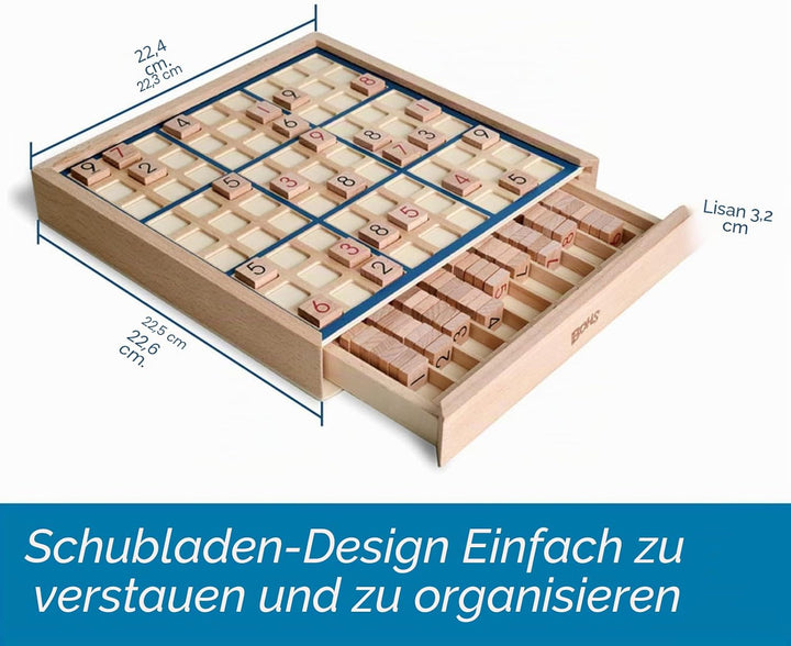 BOHS Sudoku-Brettspiel aus Holz mit Schublade – mit Buch mit 100 Sudoku-Rätseln für Erwachsene – Den