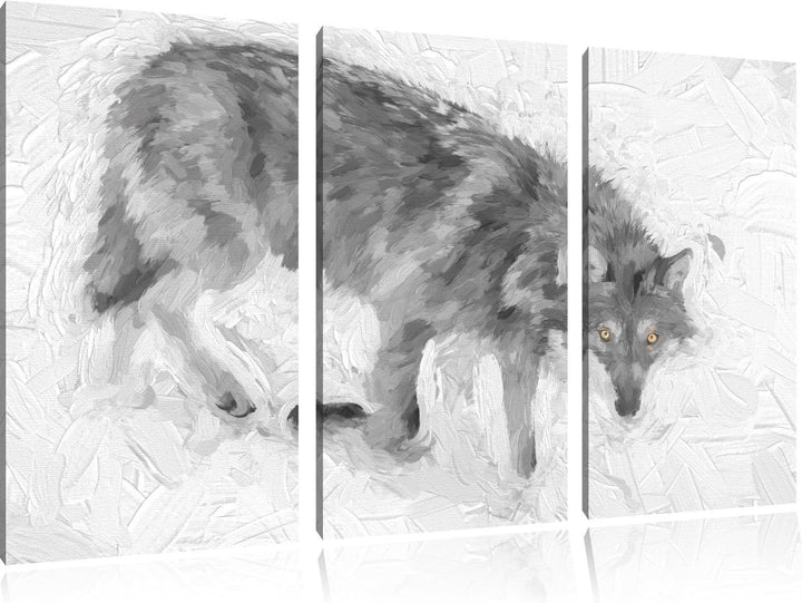seltener Wolf im Schnee schwarz/weiss Deluxe 3-Teiler Leinwandbild 120x80 Bild auf Leinwand, XXL rie