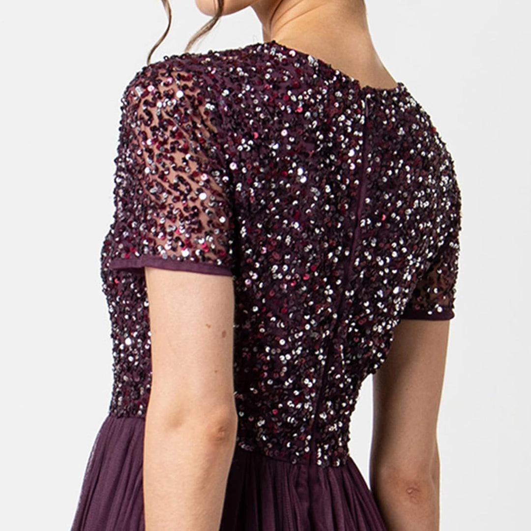 Maya Deluxe Damen Midi-Kleid mit V-Ausschnitt, Verziert Brautjungfernkleid Beere 36, Beere 36