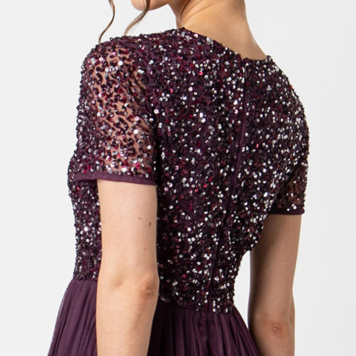 Maya Deluxe Damen Midi-Kleid mit V-Ausschnitt, Verziert Brautjungfernkleid Beere 36, Beere 36