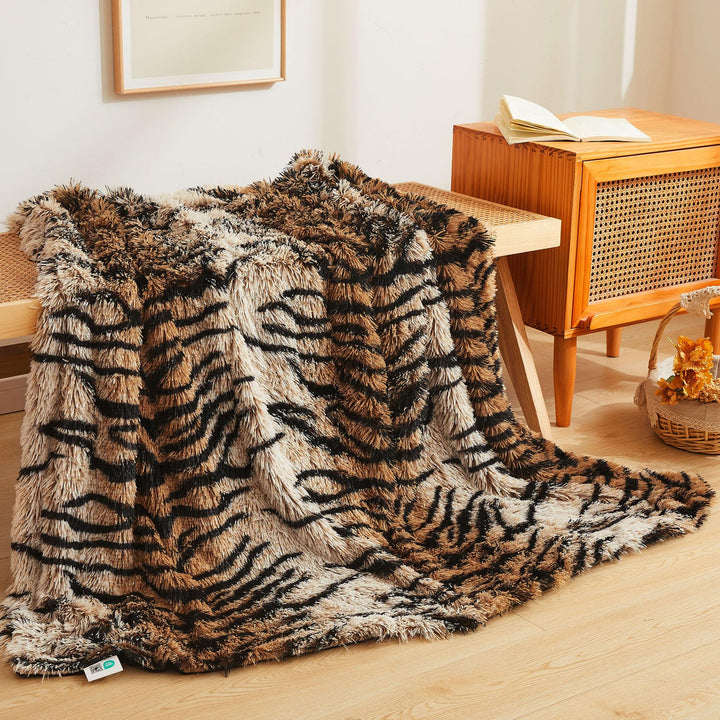 XeGe Luxus Kunstfell-Tigermuster-Decke, Weiche 127x152 cm Tigermuster Flauschige Decke, Schilfartige