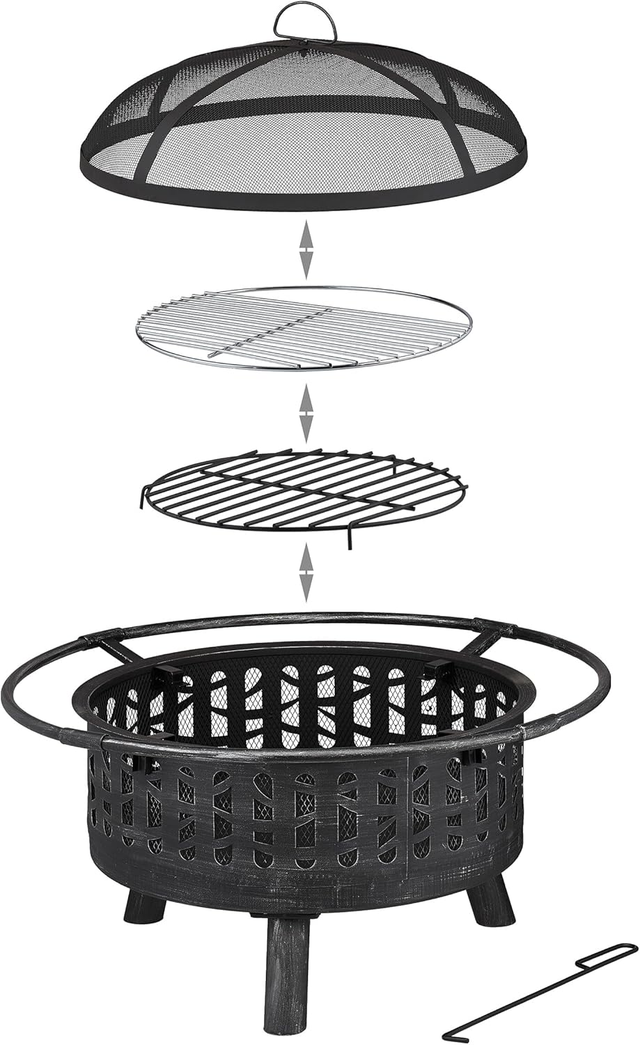 Relaxdays Feuerschale mit Grillrost & Funkenschutz, Schürhaken, Kohlerost, Ø 75 cm, Feuerstelle Gart