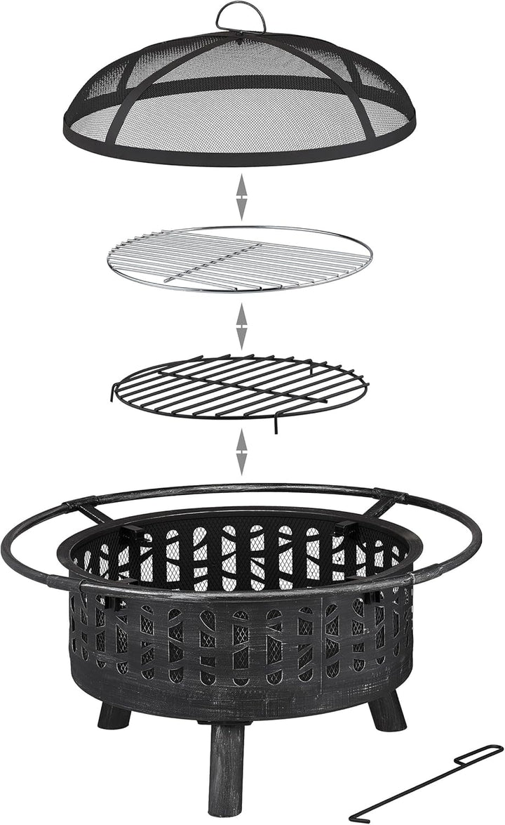 Relaxdays Feuerschale mit Grillrost & Funkenschutz, Schürhaken, Kohlerost, Ø 75 cm, Feuerstelle Gart