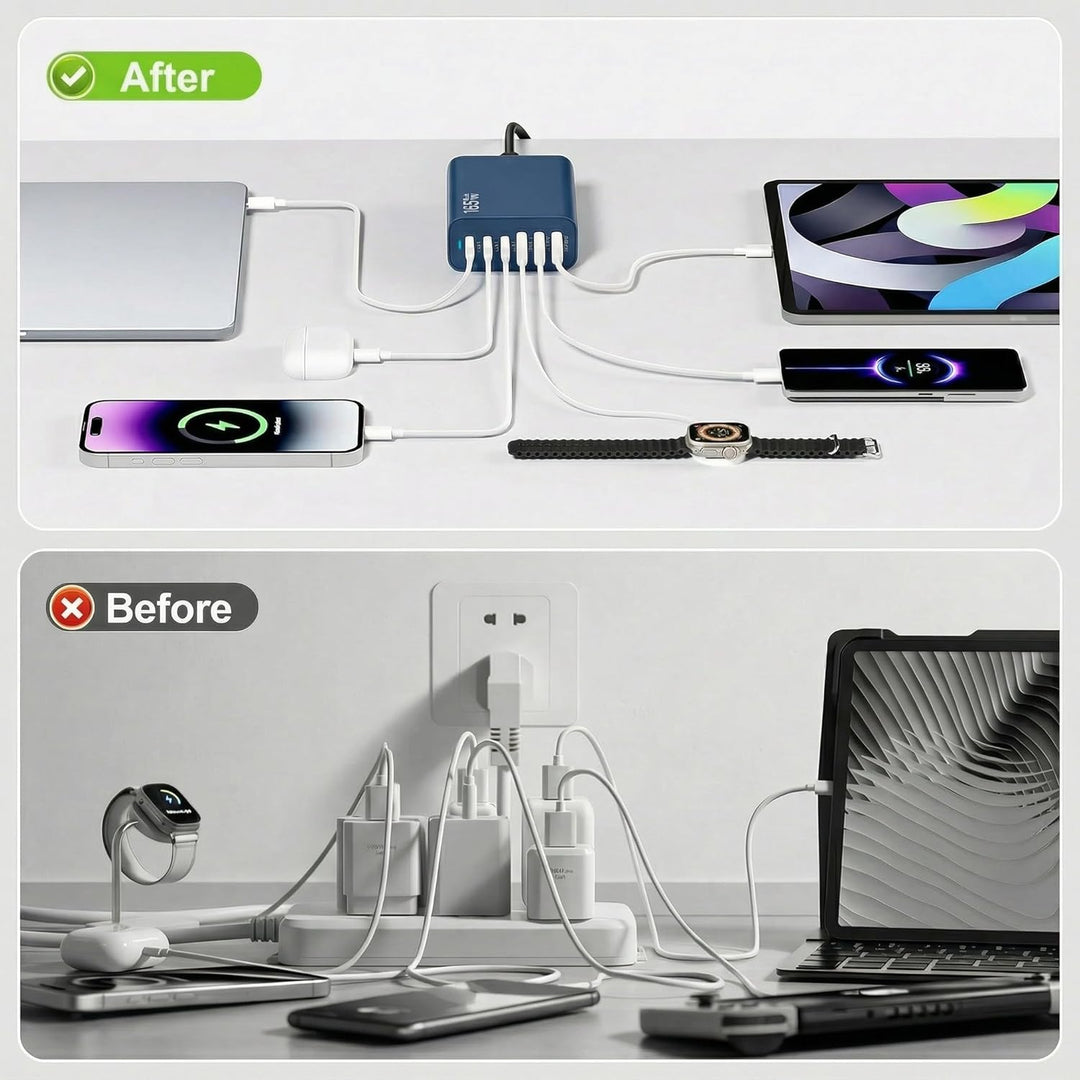 6 Ports Ladestation Schnellladegerät, 165W USB C Schnelllade Netzteil, PD Power GaN Ladegerät kompat