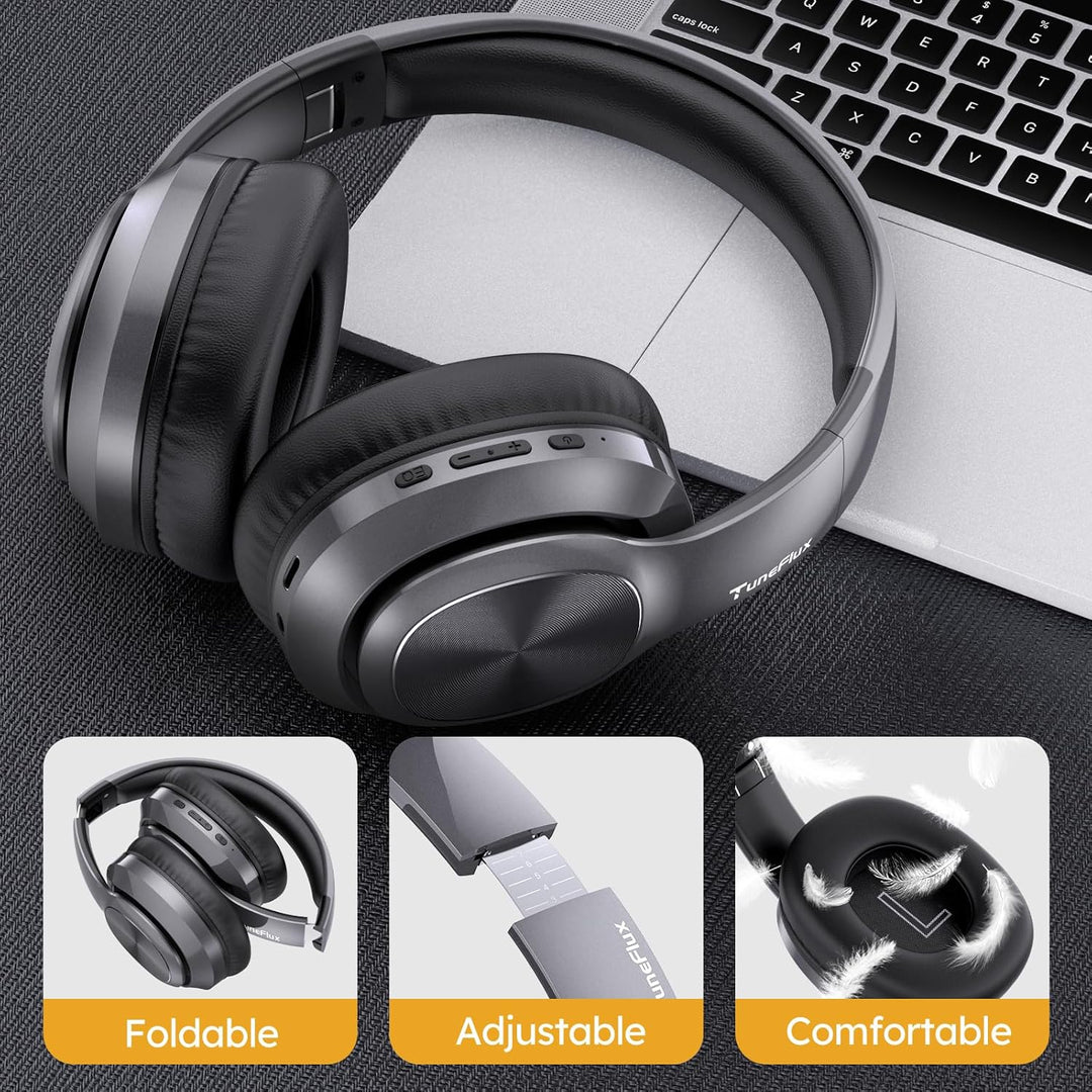 TuneFlux Bluetooth Kopfhörer Over Ear, 80 Std Akkulaufzeit, Kabellos Bluetooth Kopfhörer mit 3 EQ-Mo