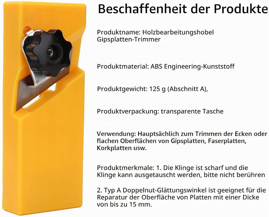 Holzhobel Kantenhobel Für Gipskarton, 45°/90° Doppelrillen Handhobel Gipskarton Fase Handhobel Zum S