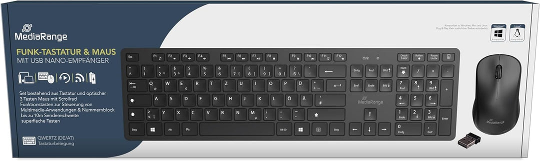 MediaRange kabelloses Funk-Tastatur und 3 Tasten Funk-Maus Set, deutsches QWERTZ Layout, PC Tastatur