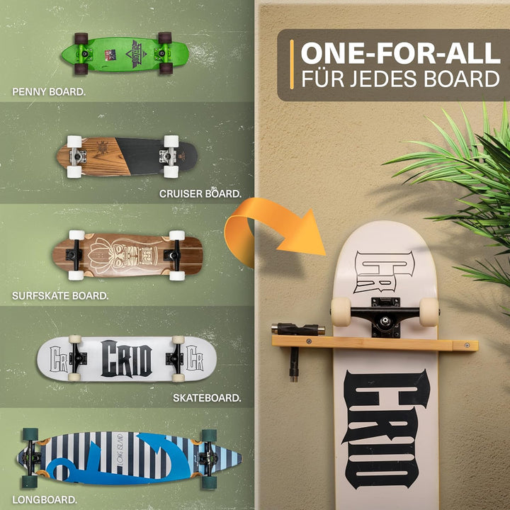 CRID Skateboard Wandhalterung aus Bambus - Universal Halterung für Skateboard, Longboard, Snowboard,
