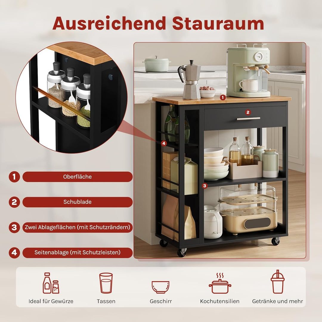 WOLTU Küchenwagen mit Arbeitsplatte, Servierwagen mit Rollen, Rollwagen mit Schublade offenen Ablage