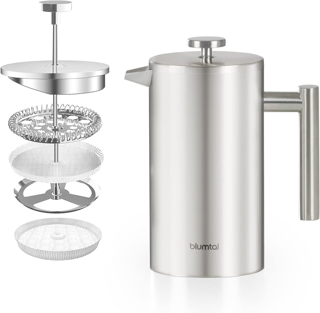 Blumtal French Press Edelstahl 600 ml (3 Tassen) - mit Messskala und Ersatzfilter, umweltfreundlich,