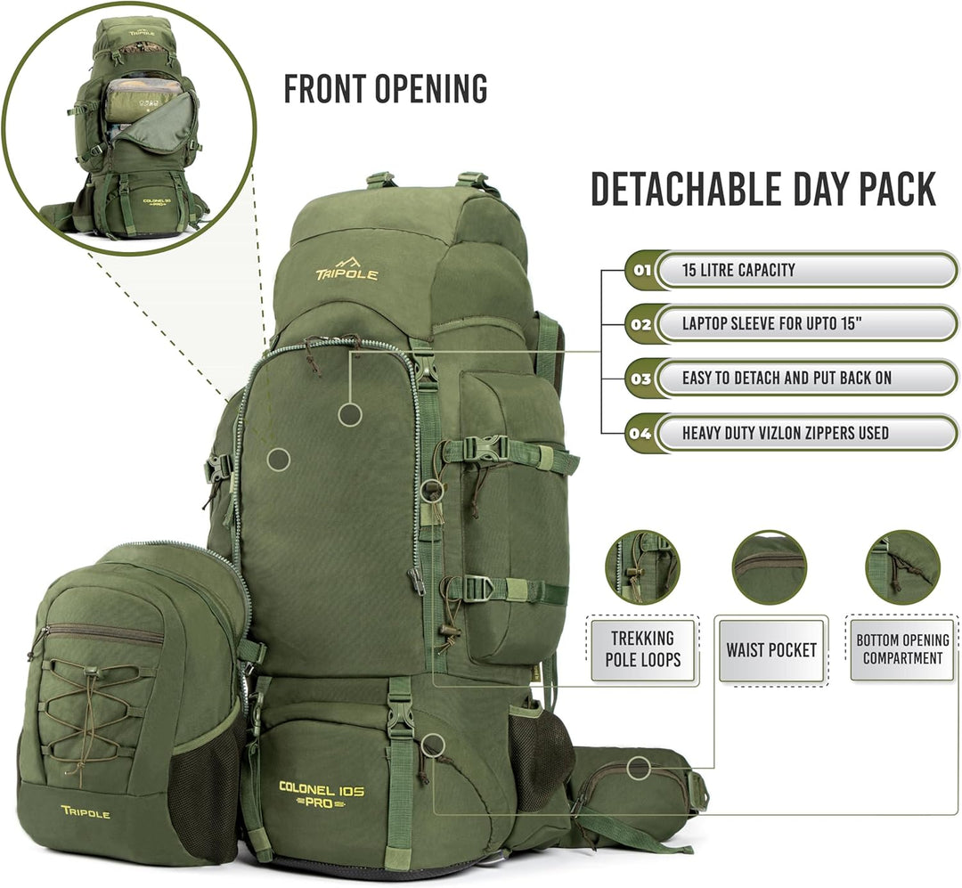 Tripole Colonel Pro Rucksack Mit Metallrahmen | Frontöffnung | Abnehmbare Tasche | Regenschutz 90 Li