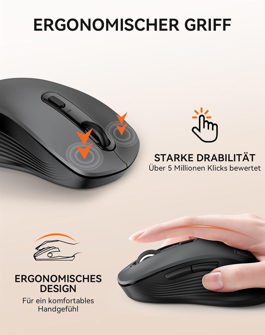 TECKNET Maus Kabellos, Bluetooth Maus (Tri-Modus: BT 5.0/3.0+2.4G) Funkmaus mit USB-A Empfänger, 480