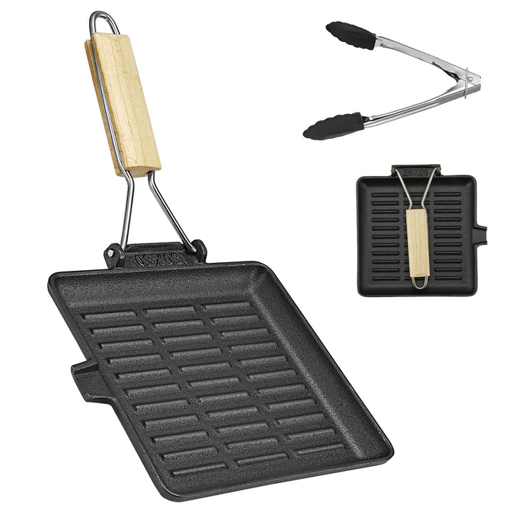 Steakpfanne Gusseisen,20x20cm Grillpfanne mit Klappbarem Holzgriff und Lebensmittelclips,Klappbarer