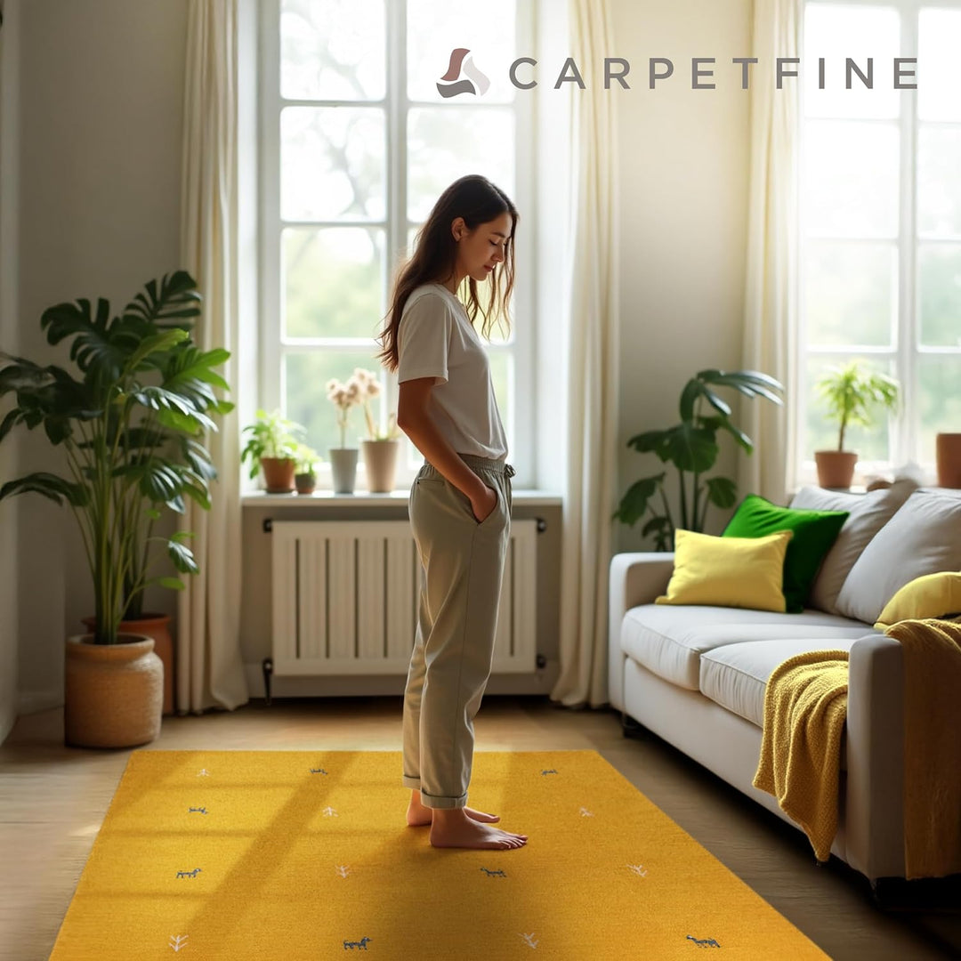 carpetfine Wollteppich Gabbeh Uni Quadratisch Gelb 60x60 cm | Moderner Teppich für Wohn- und Schlafz