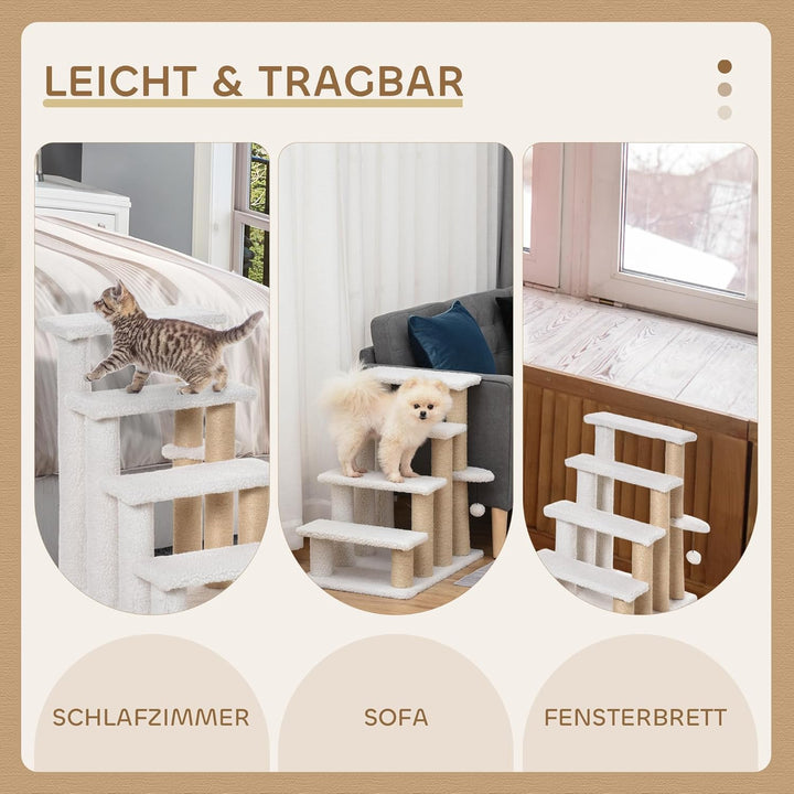 PawHut Katzentreppe 4 Stufen Tiertreppe Treppe für Katze mit Kratzsäulen Ball Haustiertreppe Hundetr