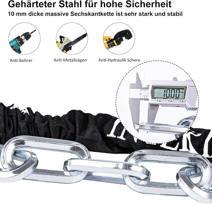 INTEKIN Motorradschloss Hohe Sicherheit, 120cm lang 10mm stark Stahl Kettenschloss, schwer Fahrradsc