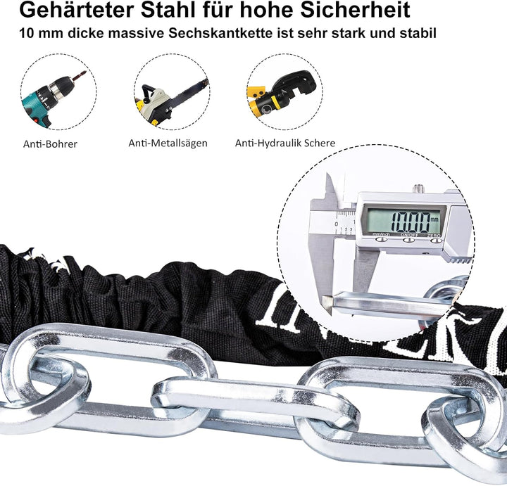 INTEKIN Motorradschloss Hohe Sicherheit, 120cm lang 10mm stark Stahl Kettenschloss, schwer Fahrradsc